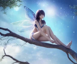 a detailed illustration of a anime girl sitting on a tree branch, luminescent body, glinting spread wings, realistic, soft and smooth glowing wings, soft feathers, macro lens, sharp focus, meticulously detailed, soft studio lighting, smooth blurred gradient evening sky background, 64k