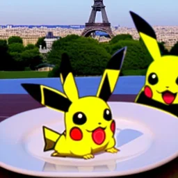A pikachu fine dining with a view to the Eiffel Tower