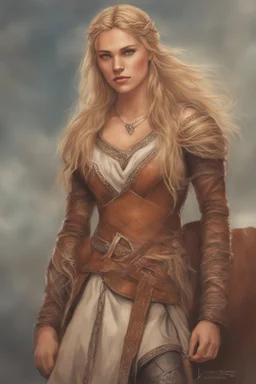 A drawing of beautiful woman with blond hair, viking braids Brown leather armor. Horse