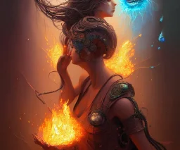 Four doll divine representing each one the four elements: Fire: Earth: Air: Water. Mark Brooks and Dan Mumford, comic book art, perfect, smooth elemental galactic space core. Detailed photograph, WLOP, Unreal Engine 5 volumetric lighting Insanely intricate face hair lashes hyper detailed painting by Ismail Inceoglu Huang Guangjian and Dan Witz Central fantasy art album cover art resolution HD