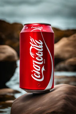 a big red coca-cola can sitting on a rock