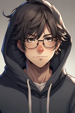 Anime man with glasses, messy hair, wearing a hooded sweatshirt, slight smile, realistic