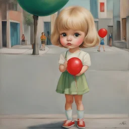 1970s, blond Little girl , in the style of Margaret Keane, she is standing in the street, red balloon , green Adidas shoes
