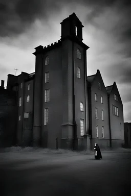 An historical photograph of a building of a grimy asylum in Ireland in black and white, with a lot of sky showing and eerie atmosphere and a nun