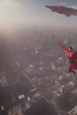 Flying man through city, cinematic