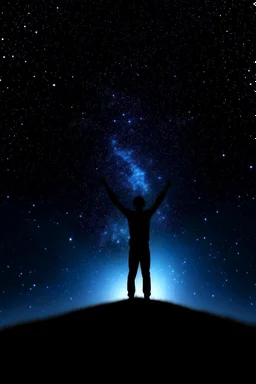 The outline of a figure stretching his arms towards the sky. In the sky, the stars are all in nature.