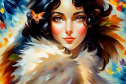 an irresistibly adorable image of a whimsical brunette woman creature with black hair and hazel eyes. Envision a charming being with fluffy, onyx-colored fur or hair that frames its endearing face. in the blowing wind Leonid Afremov