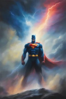 for our love we must die, The FlashBatmanSuperman, oil on canvas, extremely colorful, foggy in the foreground, multicolored lightning and outer space in the background, in the art style of Gilbert Stuart