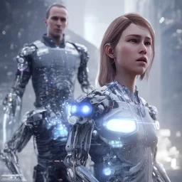 detroit become human, two people looking at each other , sci-fi fantasy style, volumetric lighting, particales,highly detailed,cinamatic, deep colours,8k.