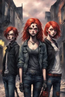 First plan: Black cat with three 13-15-year-old detectives - two brothers with red hair. One is tall and skinny, second is chubby and a girl with a punk look, dark clouds and brown hair, strong make-up. Second plan: a group of teenagers turned into computer-addicted zombies. Everything is located in an old town.