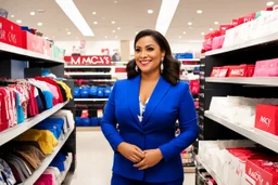 A Latina sales person in a Macy's store, surrounded by shelves of clothes