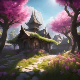 Arboreal Architecture from the elder Scrolls, Khajiit village, springtime, sunny, flowers, perfect composition, vivid colors, gorgeous, subtleties beneath the surface, detailed background, moody