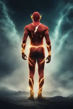 full-length portrait, extremely tall, thick, extremely muscular The Flash, extremely exaggerated muscular physique, standing on the world in outer space with his fists on his hips looking forward, multicolored fog, mist, futuristic landscape