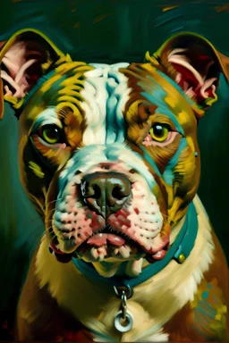 Oil painting of a pitbull dog (emoji) with Bored eyes by Leonardo da van Gogh