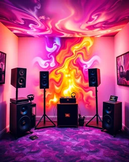 A beautiful design with photos of standing party speakers, party boxes, headphones, mobile chargers, and JBL speakers in the center of the room with a beautiful, unique, and psychedelic color theme.
