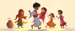 illustration of ethnic children playing and dancing. fantastic lighting, chaabi children's book proportions, on a light background