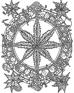 outline art for stoners coloring pages with A very simple and minimal design featuring A mandala of interconnected peace signs and cannabis symbols., white background, sketch style, fully body, only use outline, mandala style, clean line art, white background, no shadows and clear and well outlined