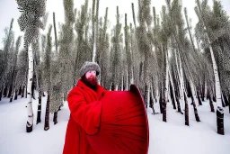 Northern Native Sage. Indigenous, Kekripukki, carries drum made of birch-park, Scary Horns grow from his shoulders, Midwinter, Mystic, Traditional Costume is white with red ornaments and patterns. African style colorful, black faces, Arctic Hills, Strange trees, Haunting Atmosphere, North-Carelia, Karelia, Karjala, Karjalainen, traditional Carelian costumes, dripping black tears on cheek, portrait