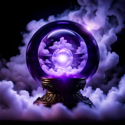 magical crystal ball, surrounded by clouds of sorcerous energy, purple lighting, black background