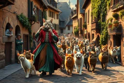 "The Cat Pied Piper of Hamelin, dressed in flowing, colorful Renaissance garments, playing a magical flute, followed by a majestic parade of cats in all sizes and colors, walking in perfect harmony along old cobblestone streets, Renaissance buildings with ivy, curious townsfolk leaning out of balconies with astonished faces, golden-hour lighting, high fantasy, highly detailed, 8K, hyper-realistic, magical realism --v 7 --ar 21:9 --style raw --q 2"