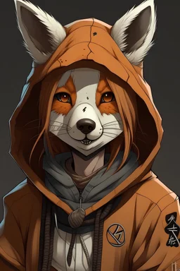 A young samurai girl wearing a fox mask under a hoody. She is wearing post-apocalyptical clothing with a touch of Japanese influence.
