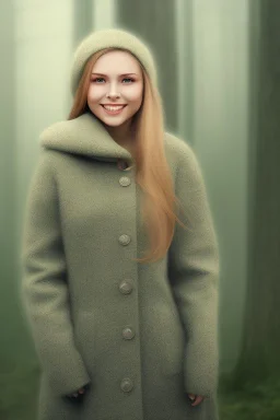 Beautiful pretty smile of girl in picture in foggy forrest afternoon, 12k resolution, super HD, detail realístiC PHOTOGRAPH