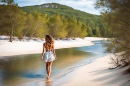 beautiful girl walking toward camera in trees next to wavy river with clear water and nice sands in floor.camera capture from her full body front