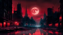 In a dystopian city at twilight, a mystic moon casts its silver glow onto the remnants of a once-thriving metropolis. Reflections of a crimson sunset dance in the shimmering, ethereal ether, as a solitary figure clad in black and red navigates the desolate streets, embodying the moody blend of hope and despair in a world forever altered by the nocturnal eclipse.