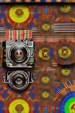 futuristic pinhole camera in Kente, rusted clocks eyes, cinematic, scaffolding, ghana flag, african pattern symbols, black star, engraved, 8k quality