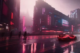 3D, beautiful, light reflecting, empty future city at night, rainy night, neon, cyberpunk, tron, robots walking, 8k, finely detailed, photo realistic