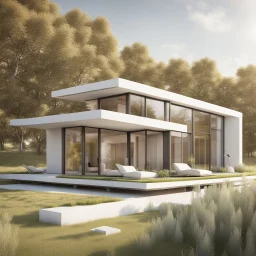 Stunning 3D rendering of a modern, eco-friendly solar house, it is designed with clean lines and features solar panels, elegant windows and a green roof garden. The setting is a pristine white background, emphasizing the innovative and futuristic nature of the house. The overall atmosphere is minimalist and welcoming, showing a sustainable living solution for the future