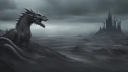 an apocalyptic flat landscape covered in dark gray dust. ancient battle field. skeleton. dragon bones. dark grey mist. dead ocean in the distance. seen from the ground. fantasy, horror. no trees