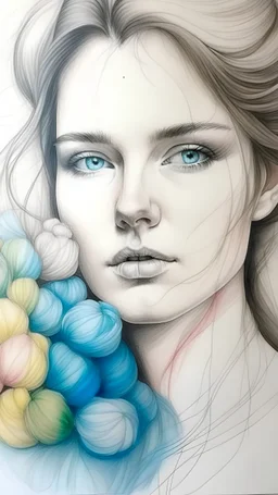 Drawing with coloured pencils of photographic quality. The bust of a woman is depicted in close-up. There is cotton wool and pieces of glass in the mouth