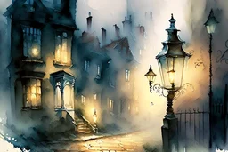 Prompt: a lantern glowing softly on a cobblestone street, mist swirling, with old Victorian houses lining the path, watercolor, mysterious, nocturnal