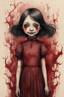 body anormal, smile blood, girl cute, watercolor illustration by <John Kenn Mortensen>, darkred tones,