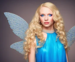 portrait of a beautiful blond woman fairy with long hair blue eyes and sparkling dress with diamonds