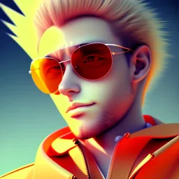 a man with blonde hair wearing sunglasses and an orange jacket, a character portrait by Miyazaki, featured on pixiv, rayonism, toonami, official art, anime