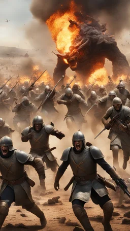 A front view of War of crusaders showing thousands of solders are running away from a distance toward the camera with scary faces and fear from a giant creature behind them, fires and dead’s and big fights on the ground