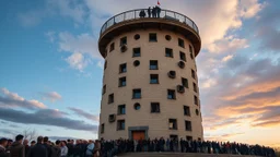 Cylindrical tower with lots of randomly placed windows, viewing platform on top, long queue of people waiting to go in, award-winning photograph, exquisite realism