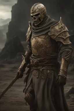 photorealistic Ancient undead warrior knight commander wearing fullplate wandering the wasteland