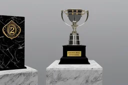The trophy stands about 12 inches tall, and the base is a shiny, black marble pedestal with a silver plate on it, bearing the inscription "Champion's Triumph" in bold, elegant letters.