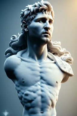 Ultra Realistic image, Roman sculpture, white marble material, Lionel Messi, sun radial crown, chisel style, waist up portrait, epic, celestial, cinematic lighting, God light, god rays, 4k resolution, smooth details, ornate details, soft lighting, unreal engine 5, marble background.