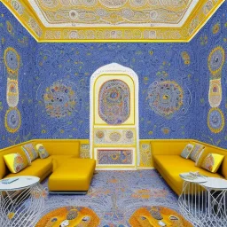 The room is filled with the vibrant colors and patterns characteristic of Kutchi design. The walls are painted in a sunny yellow hue, adorned with intricate white motifs inspired by traditional Kutchi embroidery. The ceiling is a rich cobalt blue, with delicate silver filigree patterns swirling across its surface. In the center of the room, a low-lying divan covered in a brightly-colored Kutchi rug provides a cozy spot to sit and relax. A series of colorful cushions in a variety of patterns and