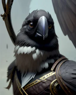 "black feathered, rogue, mysterious Kenku male, bird, full-scale head and shoulders portrait, 8k resolution concept art portrait by Greg Rutkowski, Artgerm, WLOP, Alphonse Mucha dynamic lighting hyperdetailed intricately detailed Splash art trending on Artstation triadic colors Unreal Engine 5 volumetric lighting Splash art fantasy"