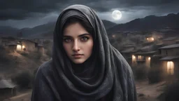 Hyper Realistic close-up-photographic-view of Beautiful-Pashto-Girl covering her face with grey-shawl with beautiful eyes wearing-black-dress standing outside village-houses giving-bold-expressions on mountain-top at night with cloudy-moonlight showing dramatic & cinematic ambiance