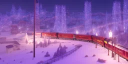 train passing downtown big city in christmas night, snow flakes, many three, Christmas decoration, Christmas light, high contrast, best quality, 8k, hight detailed, 3d, render, lumion, shooting star