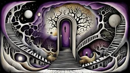 painted inner world with uncontrolled mind and neurodivergens soul, floating doors over surreal cracked painted weird empty land . neverending brockened stairs,. dark purple, gray, black, white, brown, malachit, cream color. Whimsical style of Chagall , of Anna Dittman. No people in picture, weird absurd beauty nightmare, in background big neuron network web, surreal vibe