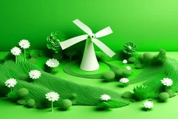 A green golf field with clovers and a windmill designed in Chinese paper art