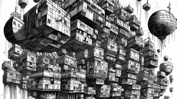 A surreal, dystopian cityscape rendered in black and white ink. The composition is dominated by a cluster of massive, cube-like structures that appear to defy gravity, stacked and jutting out at odd angles. In the center, a large, spherical object covered in spikes and mechanical protrusions hovers ominously, connected to the surrounding cubes by pipes and conduits. Numerous aircraft, including helicopters and futuristic jets, navigate the sky between the structures. A tall, rocket-like spire st
