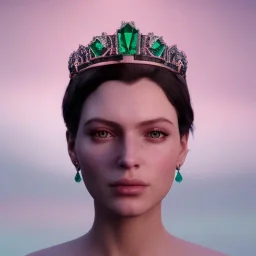 A portrait of a green crystalised jewelry ices queen, atmospheric, realistic, unreal engine 5, cinematic lighting, octane render.